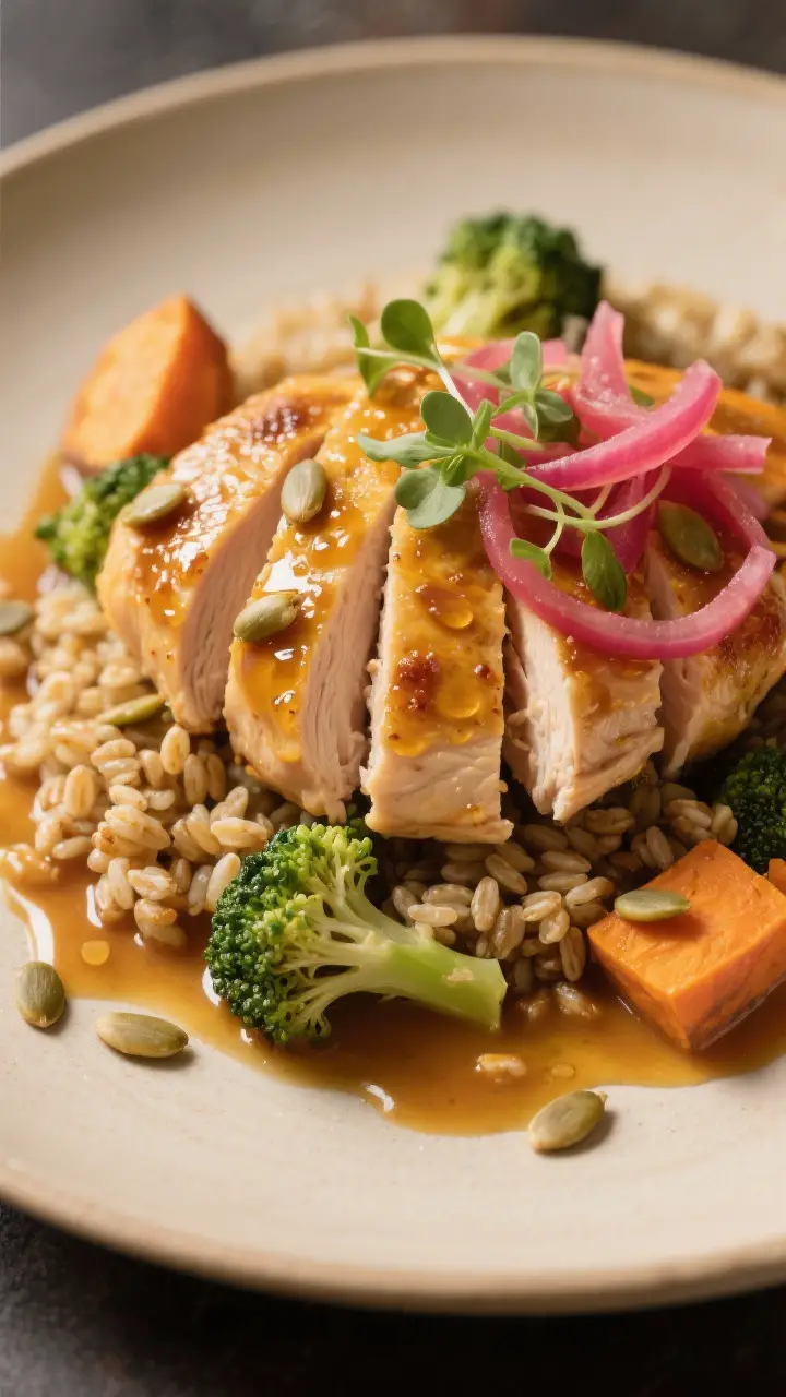 Final plated detail: Close-up of sliced honey mustard chicken atop farro with roasted broccoli and s