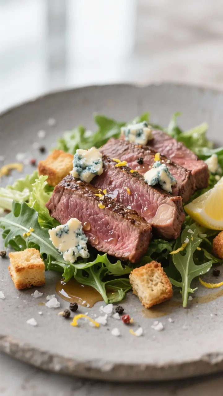 Final plated detail: Close-up of steak slices atop greens with crumbled Roquefort and crunchy crouto
