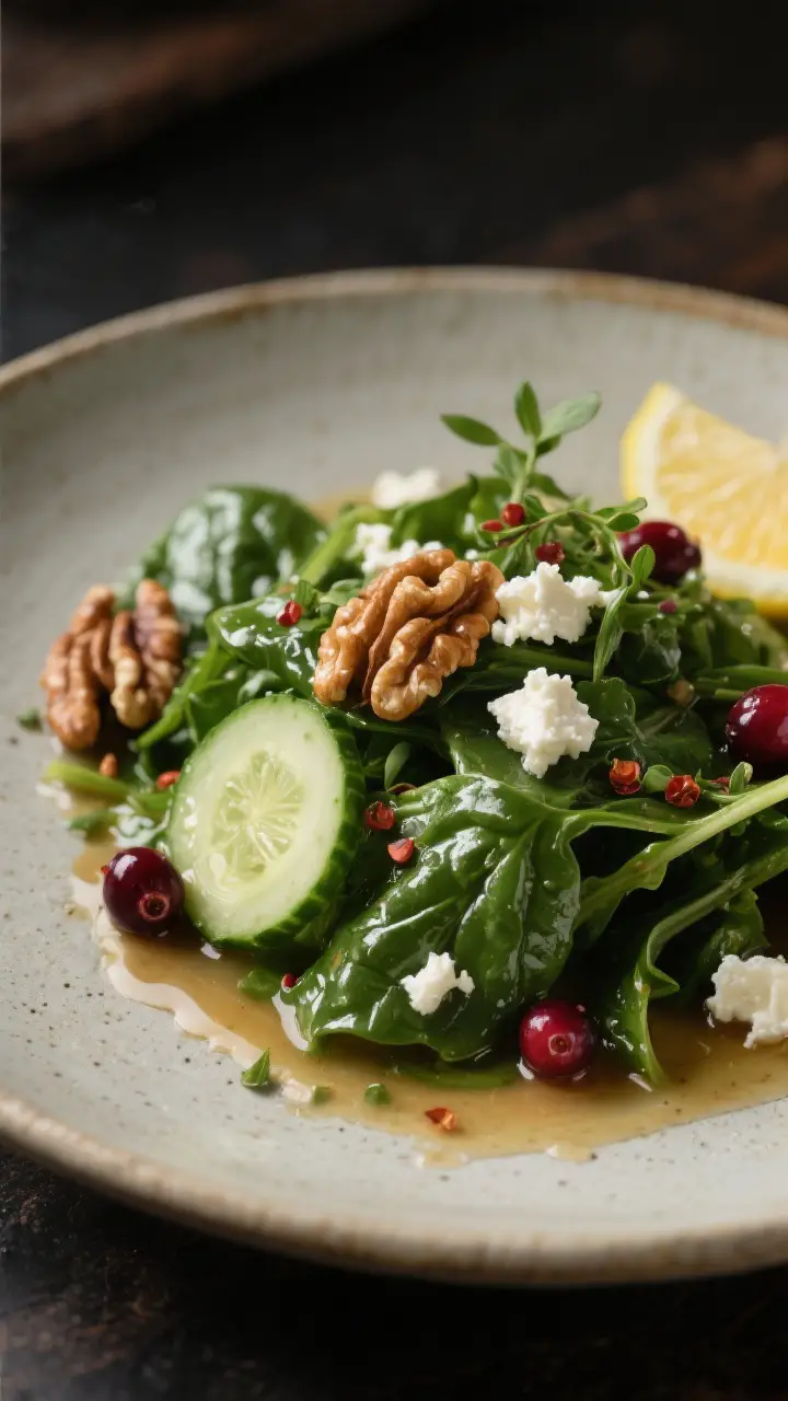 Final plated detail: Restaurant-quality single-serve spinach salad on a shallow stoneware plate, clo