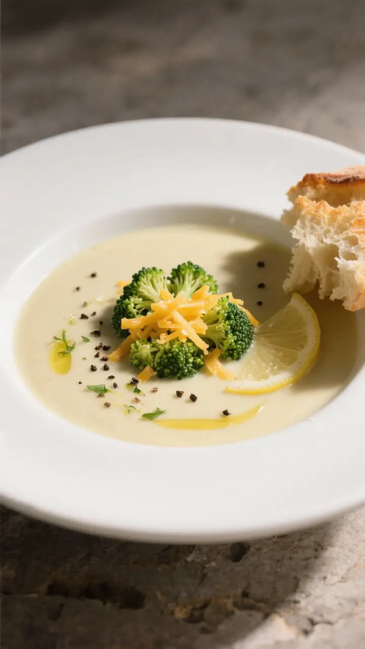 Final plated dish, : A deep white bowl of Creamy Broccoli Soup with Cheddar, ultra-smooth and satin-