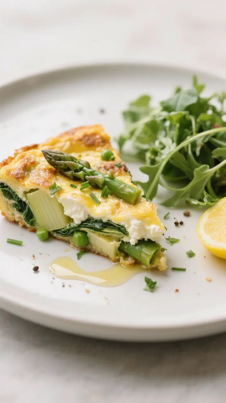 Final plated dish: A wedge of Spring Vegetable Frittata served on a matte white plate with a small a