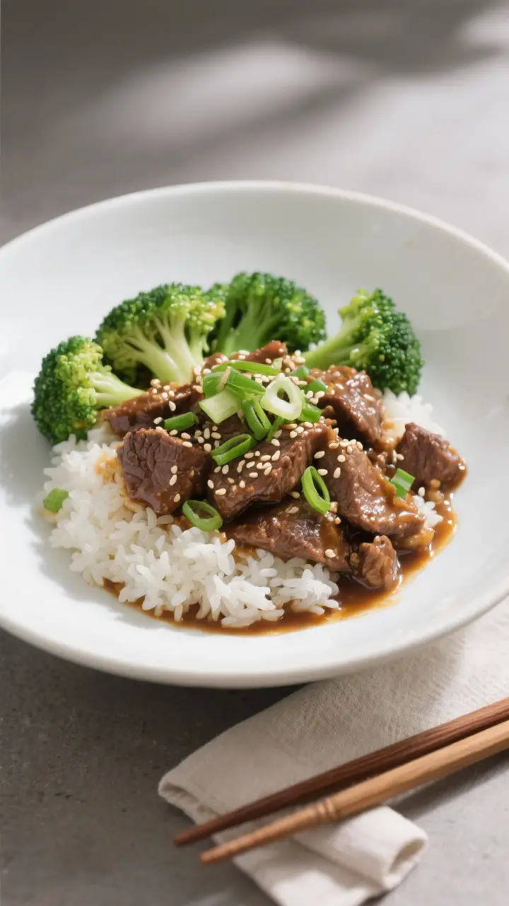 Final plated dish: Beautifully plated beef and broccoli over steamed jasmine rice in a wide white bo