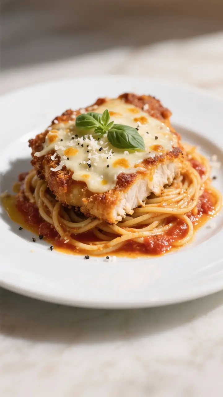 Final plated dish, : Beautifully plated Chicken Parmesan cutlet on a white rimmed plate with a tidy 