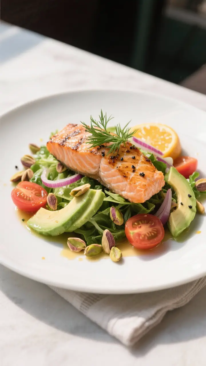 Final plated dish: Beautifully plated Grilled Salmon Salad with Citrus Vinaigrette on a wide white c