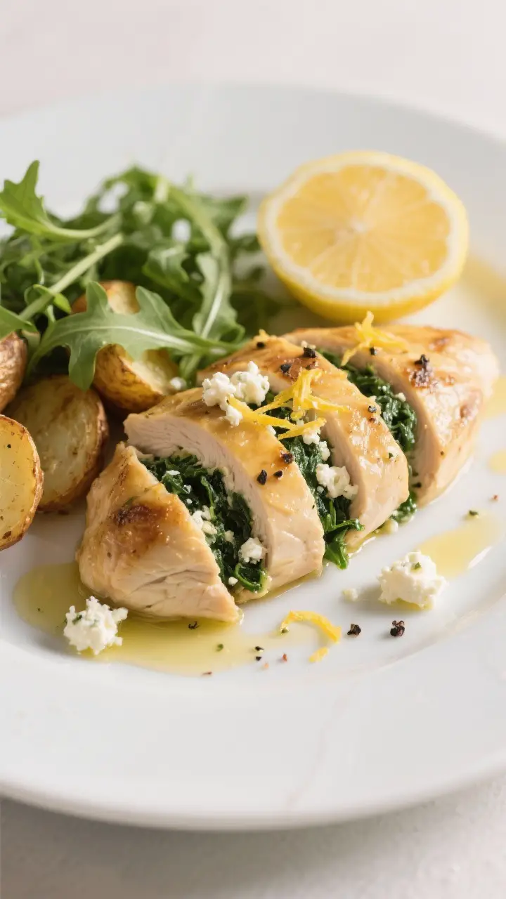 Final plated dish, : Beautifully plated spinach-and-feta stuffed chicken breast, sliced on a white c