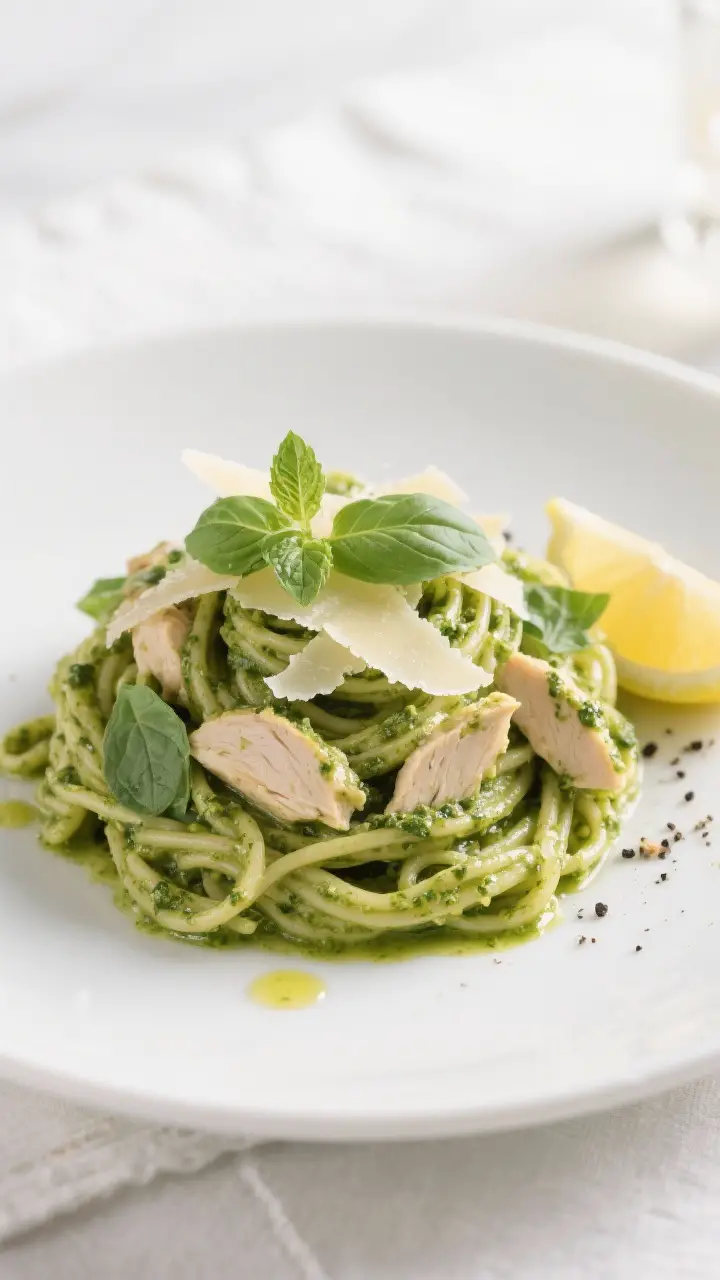 Final plated dish, : Beautifully plated Spring Herb Pesto Pasta with Chicken twirled into a neat nes