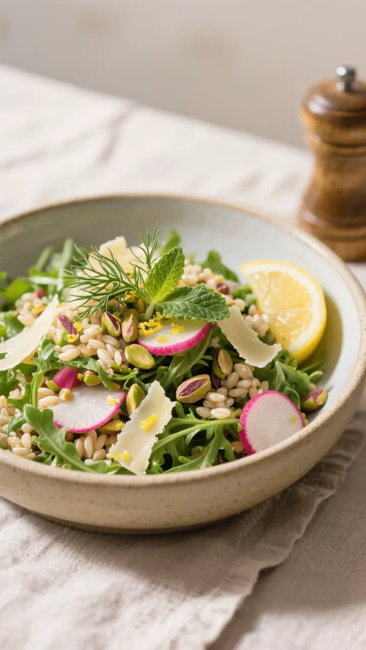 Final plated dish: Beautifully plated Spring Vegetable and Grain Salad in a shallow ceramic bowl—a