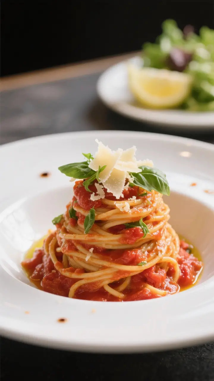 Final plated dish, : Beautifully plated Tomato Basil Pasta twirled into a tall nest on a wide white 