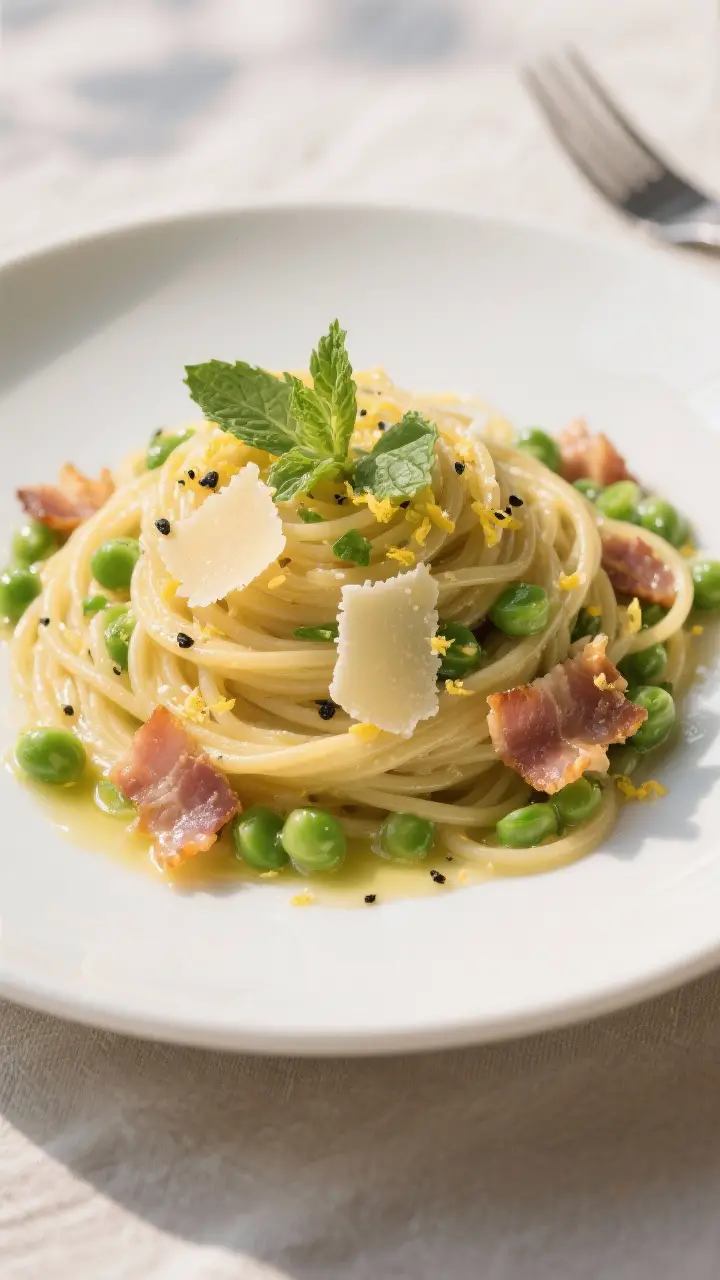 Final plated dish, : Beautifully twirled nest of spaghetti with spring peas and pancetta on a matte 