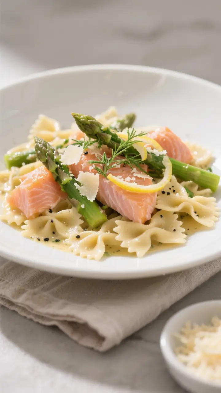 Final plated dish beauty: Farfalle with salmon and asparagus plated in a wide shallow white bowl, sa