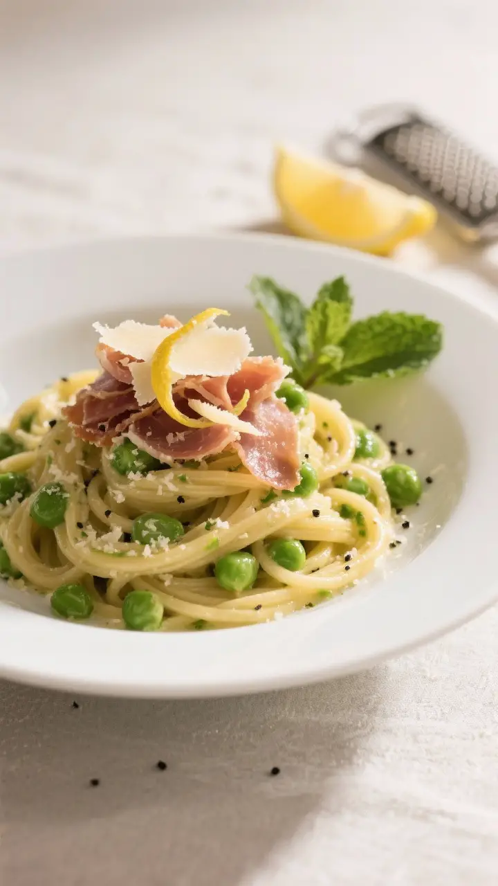 Final plated dish beauty: Fresh Pea and Prosciutto Pasta elegantly twirled in a wide, shallow white