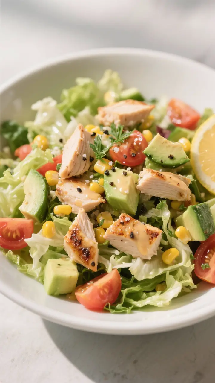 Final plated dish beauty: Restaurant-quality bowl of Grilled Chicken Chopped Salad fully tossed and 