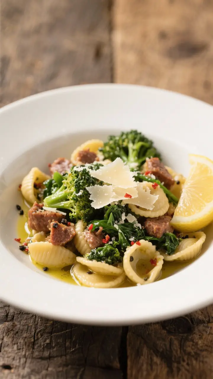 Final plated dish beauty: Restaurant-quality bowl of orecchiette with broccoli rabe and sausage, pas