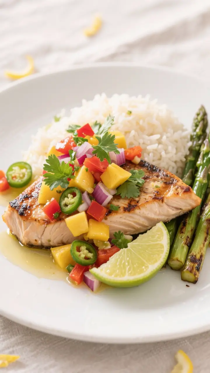 Final plated dish beauty shot: Grilled swordfish plated on a matte white ceramic plate, topped gener