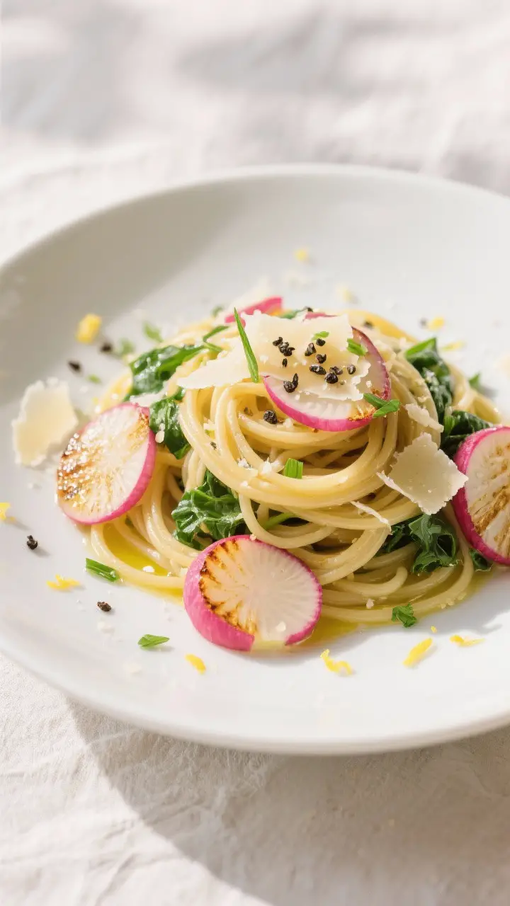 Final plated dish beauty shot: Roasted Radish and Greens Pasta twirled into a neat nest on a matte w