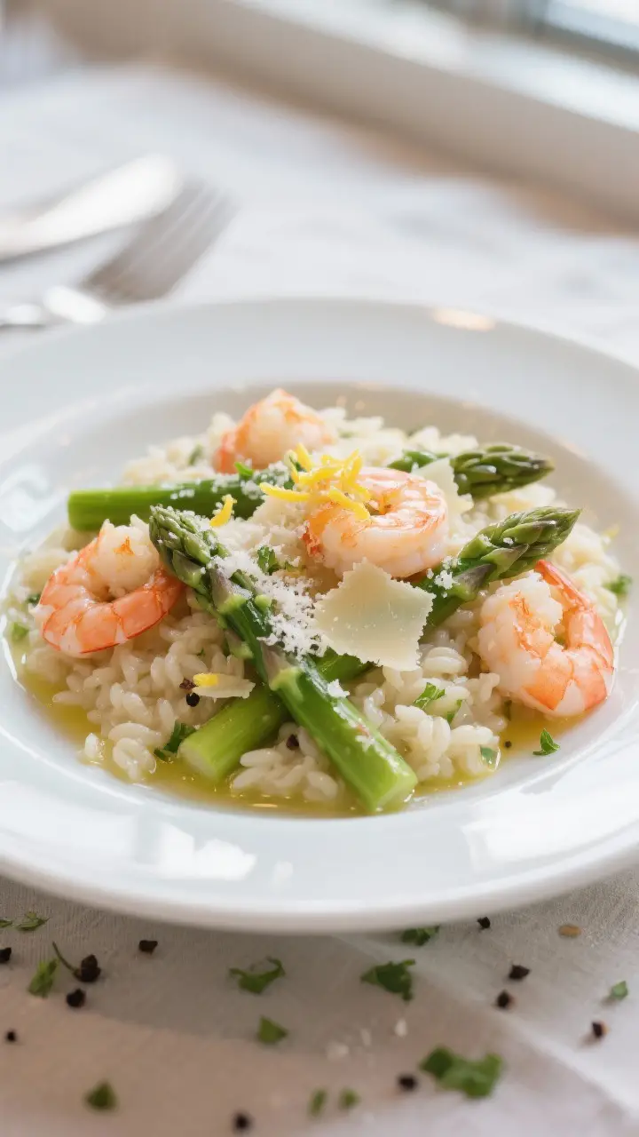 Final plated dish beauty: Shrimp and Asparagus Risotto plated loose and glossy on a wide white rimme