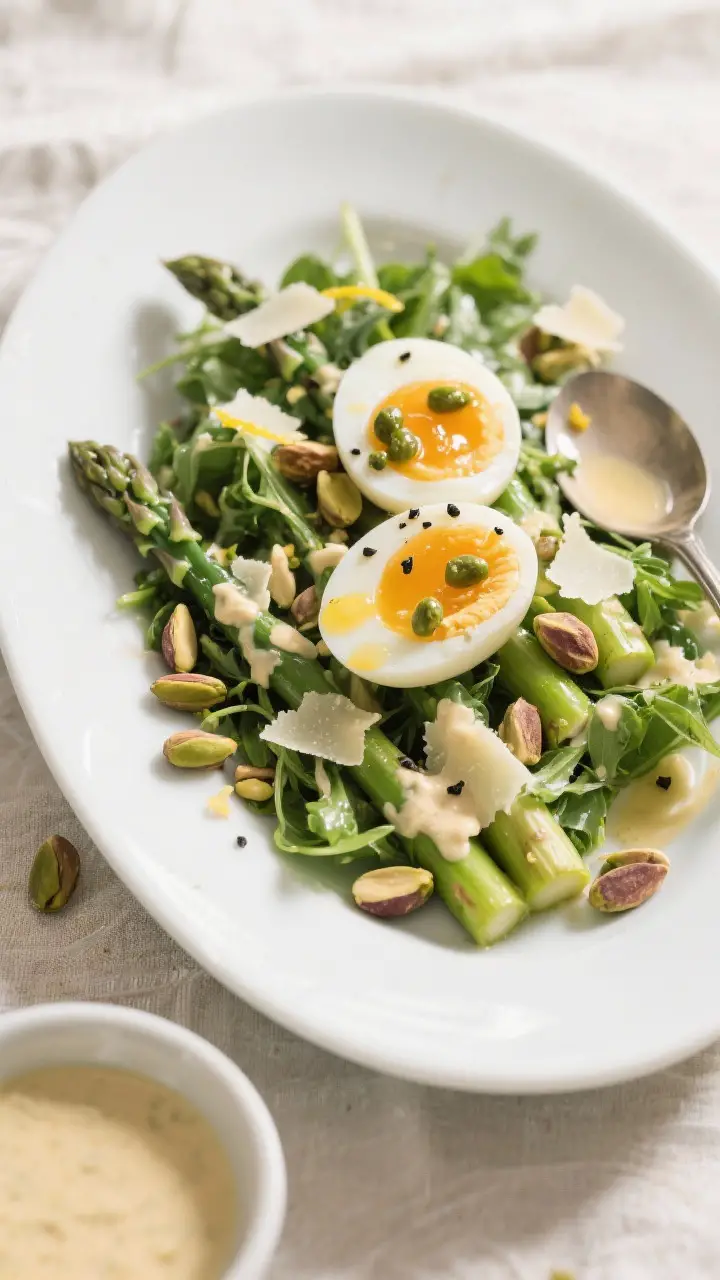 Final plated dish beauty: Spring Asparagus and Egg Salad artfully arranged on a matte white oval pla
