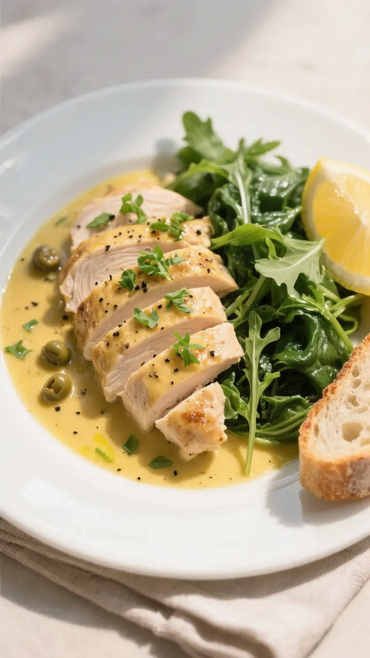 Final plated dish, bistro style: Beautifully plated Dijon Chicken with Spring Greens on a white rimm