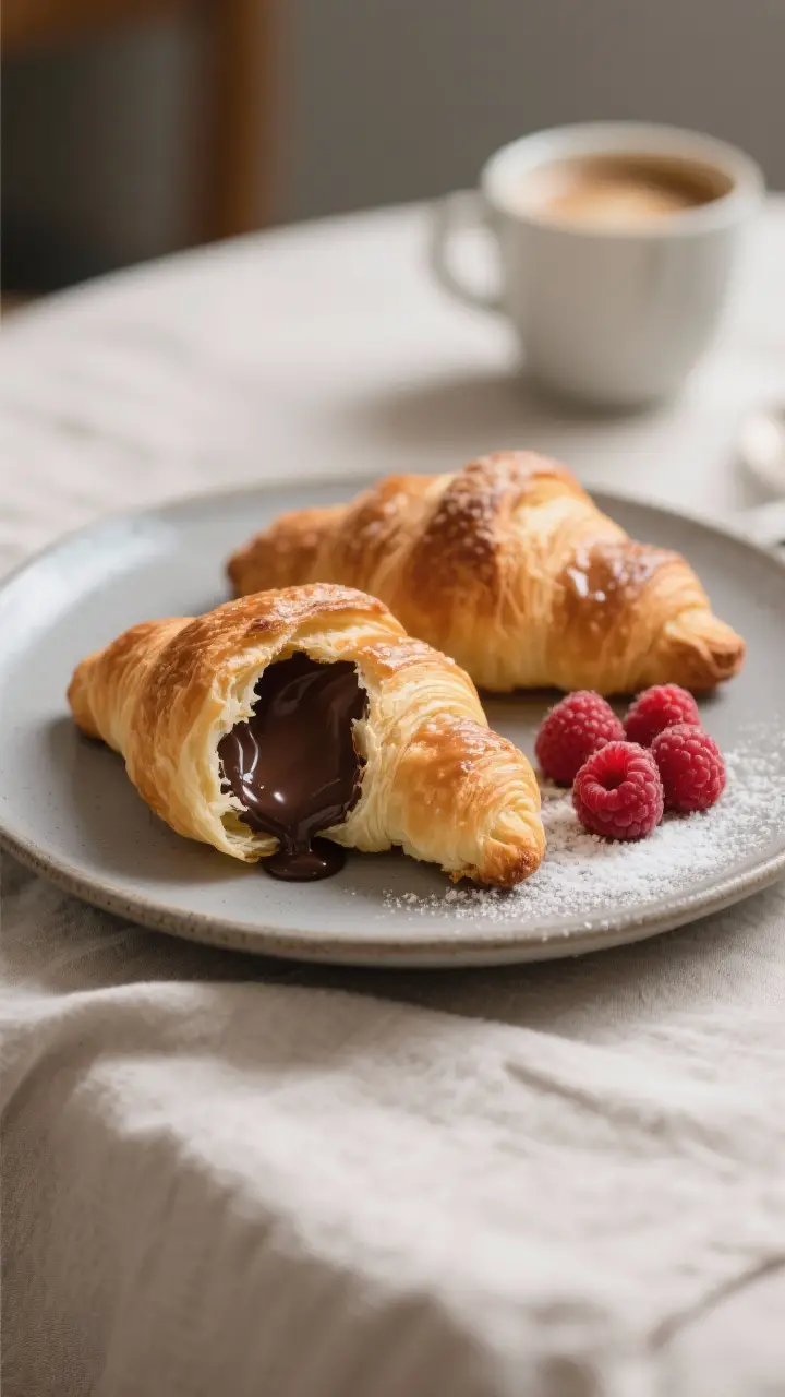 Final plated dish: Café-style presentation of two warm crescent croissants on a matte ceramic plate