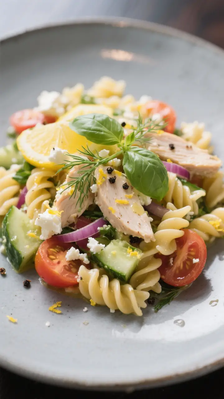 Final plated dish: Close-up detail of a single serving of Lemon Herb Chicken Pasta Salad on a cool g