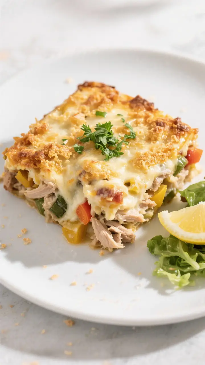 Final plated dish, overhead: A neat square of Turkey and Vegetable Casserole served on a matte white