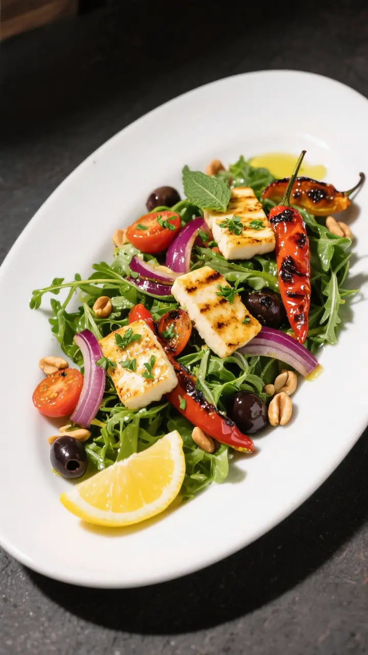 Final plated dish: overhead, restaurant-quality presentation of a Grilled Vegetable and Halloumi Sal