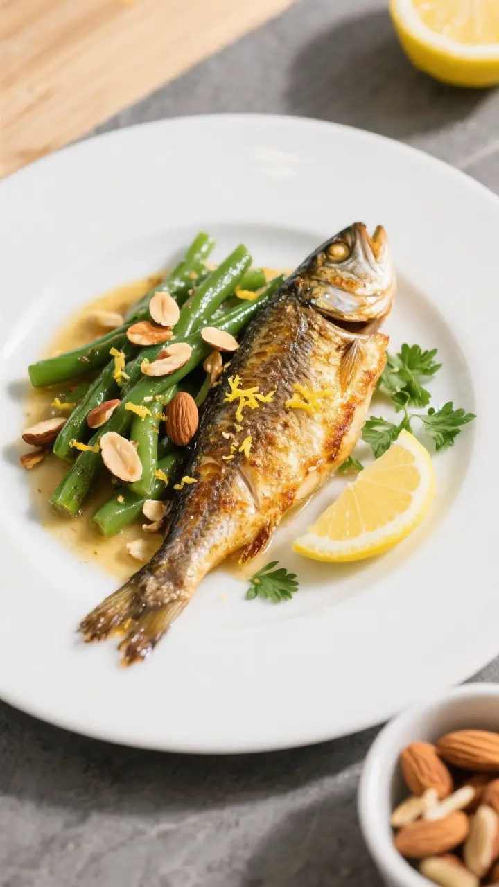 Final plated dish, overhead: Restaurant-style plating of pan-seared trout with golden, shattering-cr