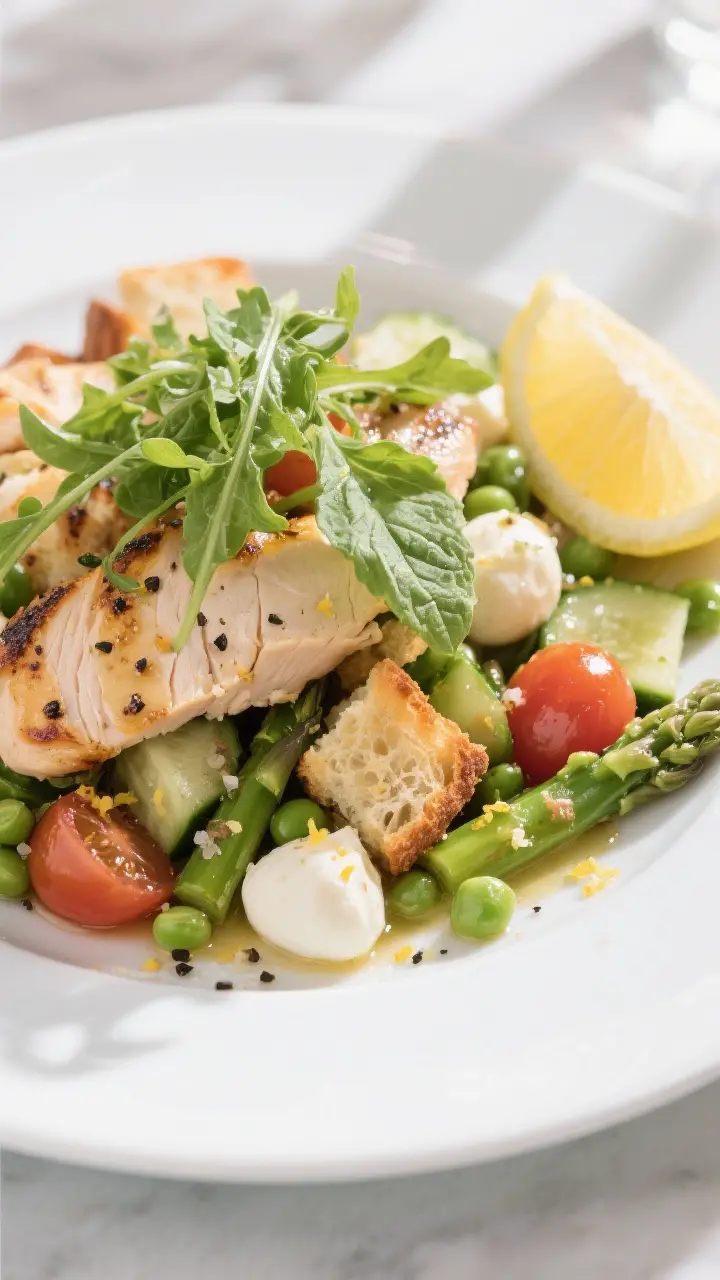 Final plated dish, presentation: Beautifully plated Spring Panzanella with Grilled Chicken on a larg