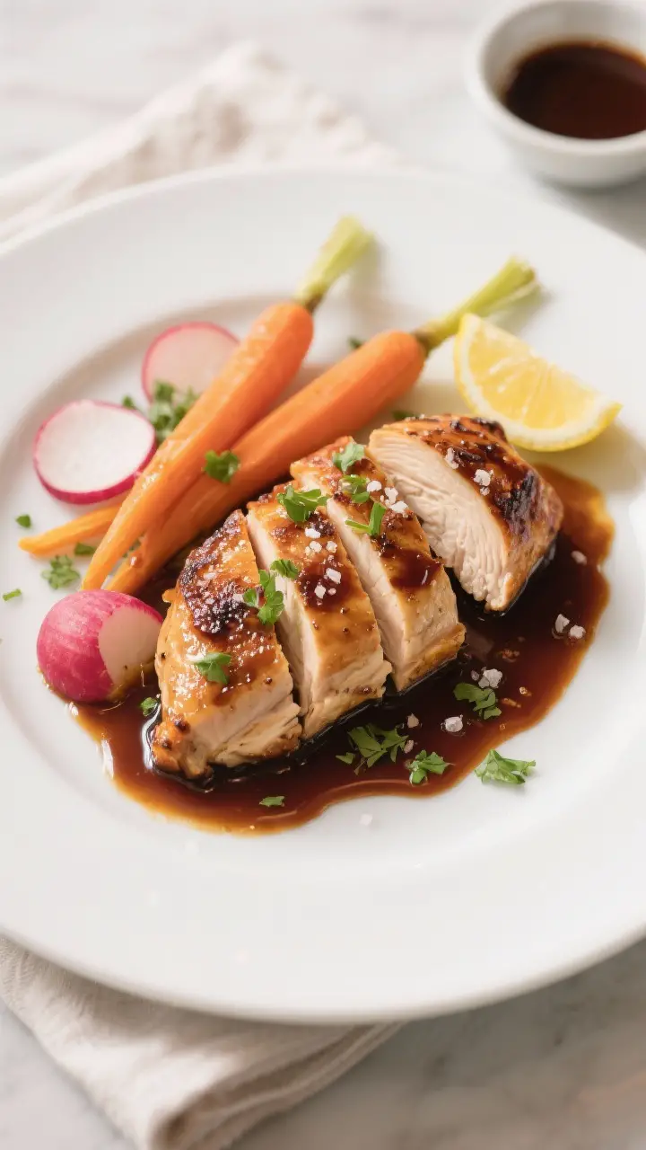Final plated dish presentation: Restaurant-quality plating of balsamic chicken with carrots and radi