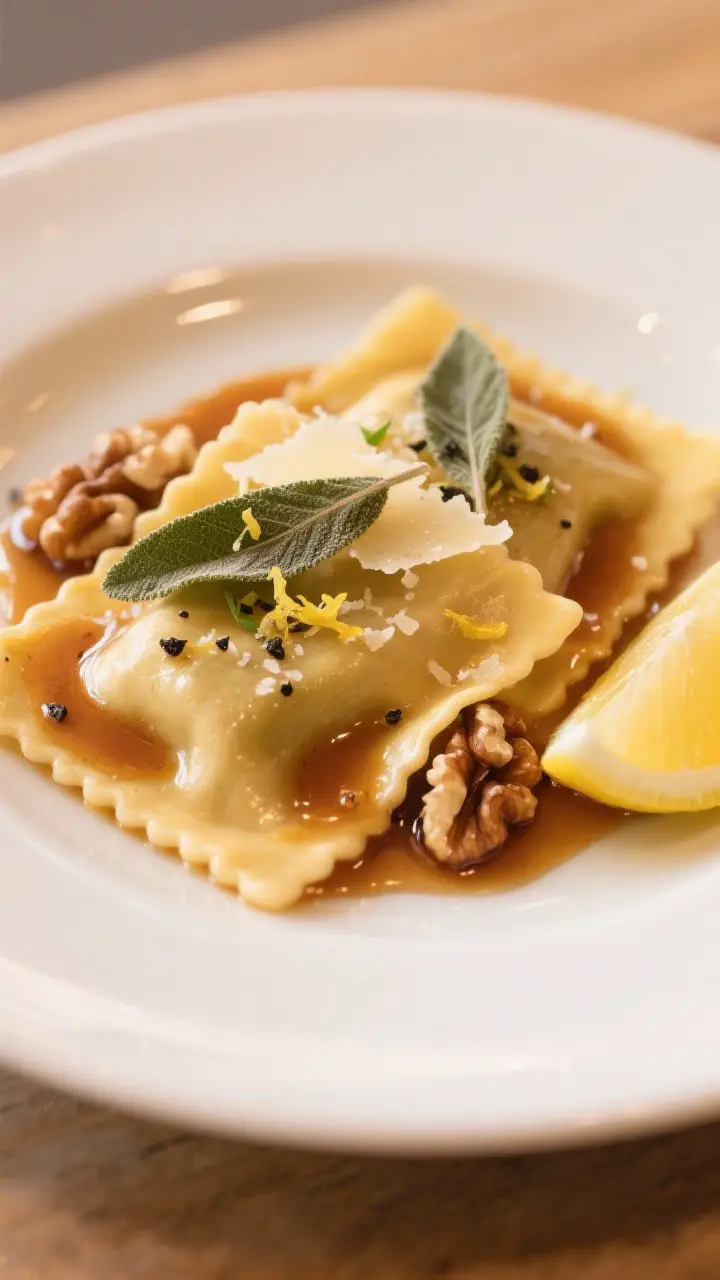 Final plated dish: Ravioli with brown butter and sage elegantly arranged on a warm white ceramic pla