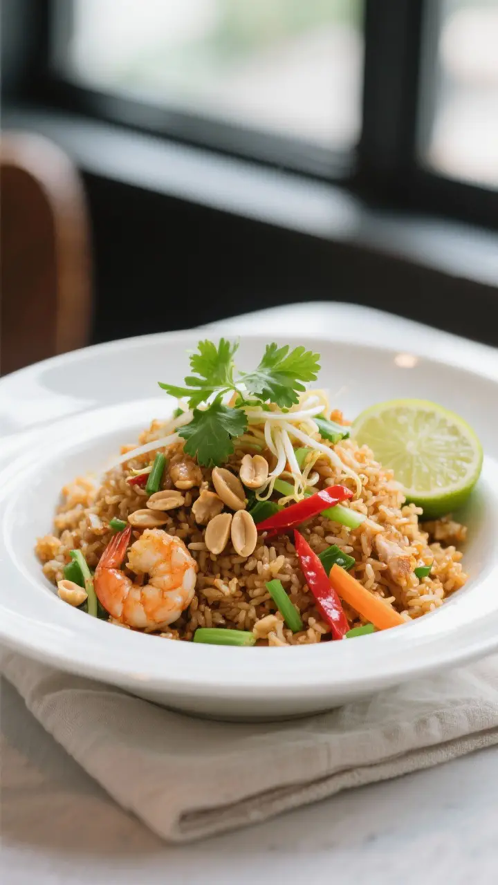 Final plated dish, restaurant presentation: Beautifully plated Pad Thai fried rice mounded in a wide