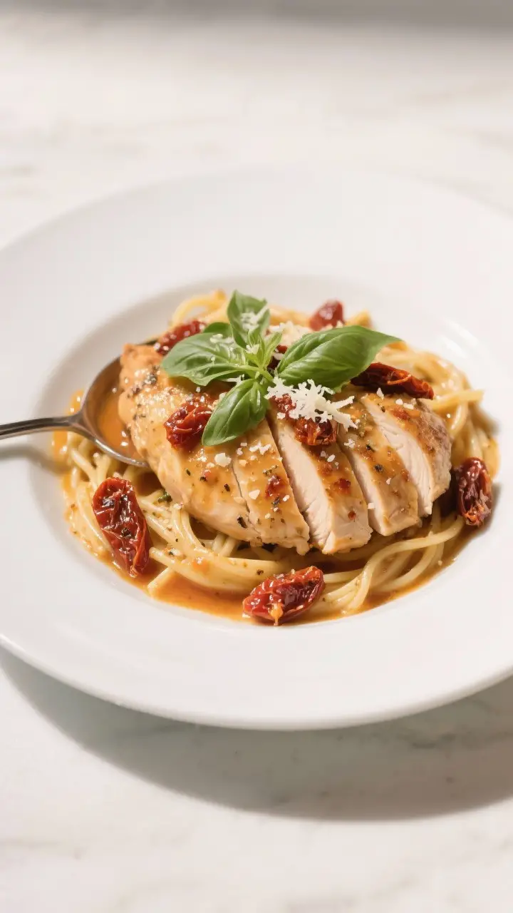 Final plated dish, restaurant-quality: Beautifully plated Skillet Chicken with Sun Dried Tomatoes ov