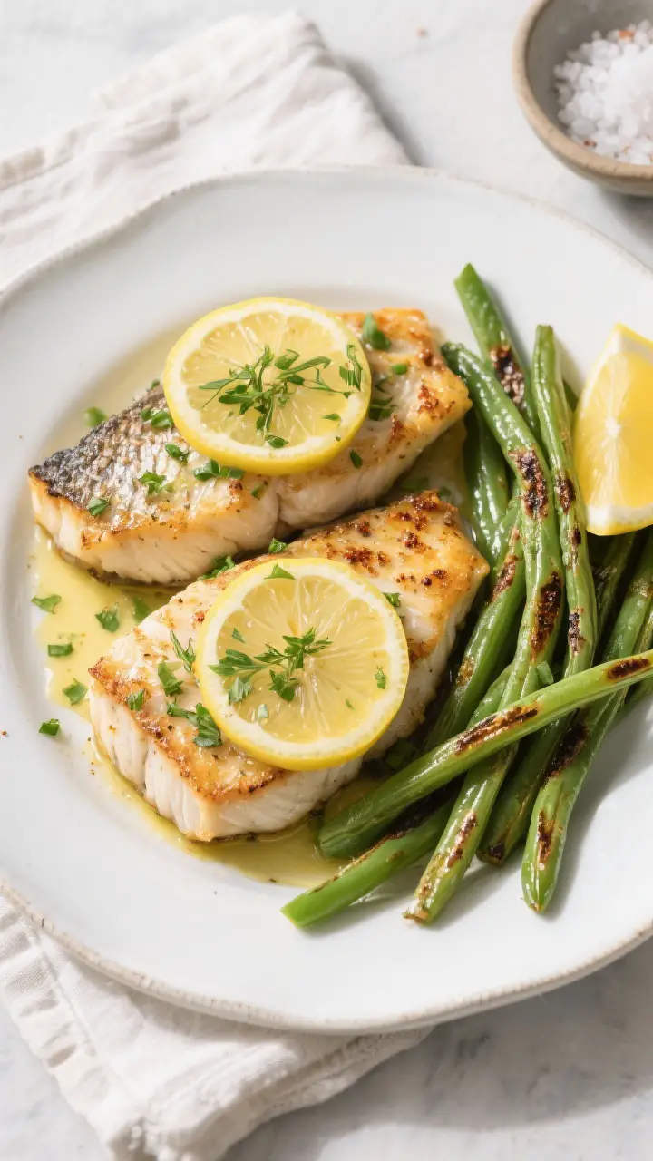 Final plated dish, restaurant-quality: Beautifully plated sheet pan tilapia with lemon and green bea