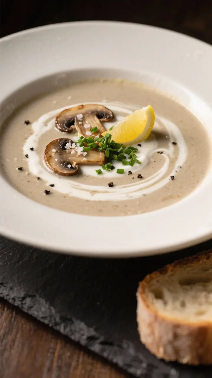 Final plated dish: Restaurant-quality bowl of creamy mushroom soup finished with a swirl of heavy cr