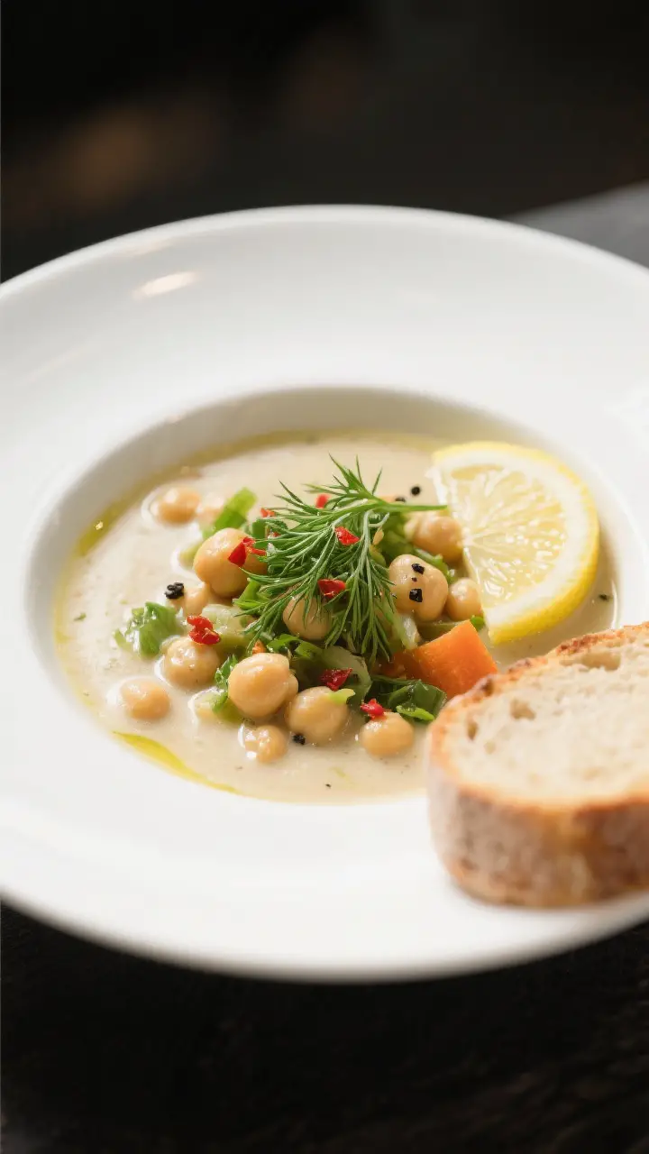 Final plated dish — Restaurant-quality bowl of Lemon Chickpea Soup: elegantly plated in a wide, sh