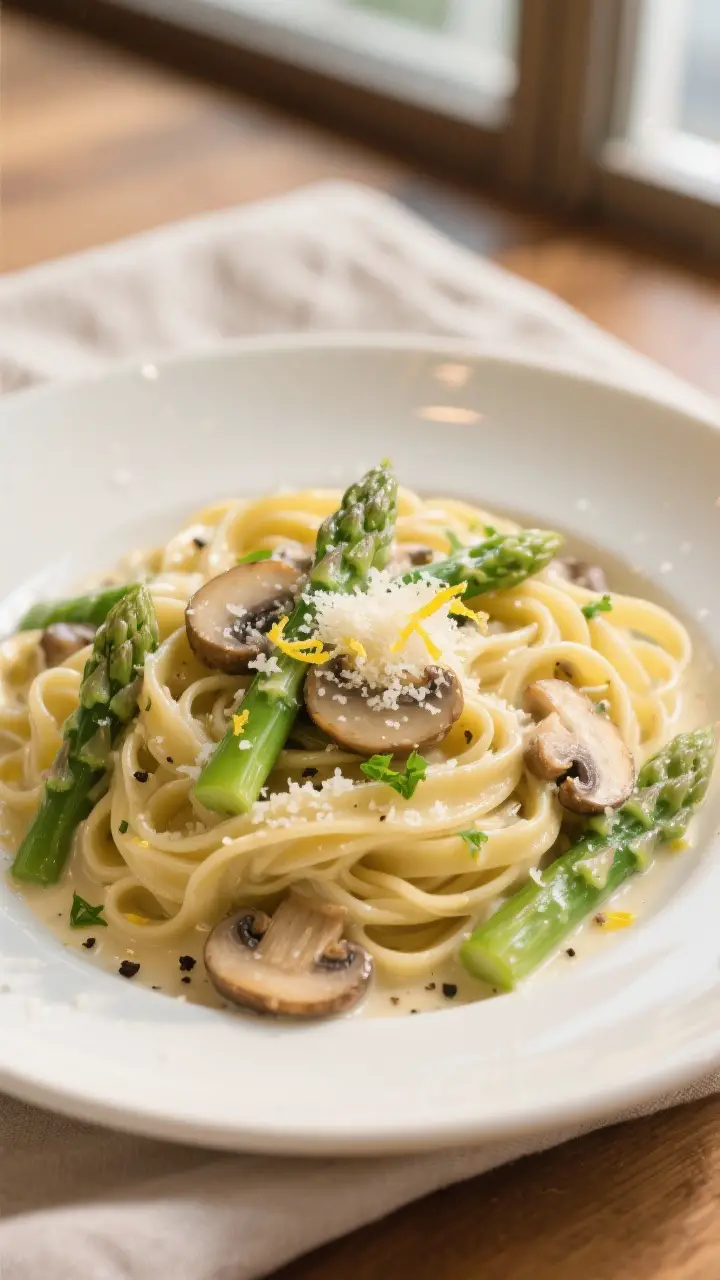 Final plated dish, restaurant-quality: Creamy asparagus and mushroom fettuccine twirled into soft ne