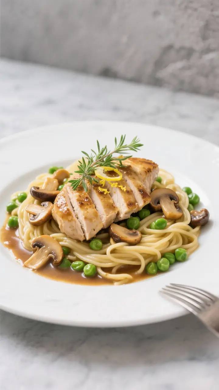 Final plated dish, restaurant-quality: Elegant plate of Chicken Marsala with Peas served over butter