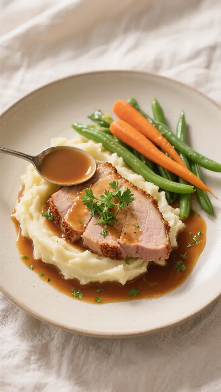 Final plated dish: Restaurant-quality plate of pork loin slices over creamy mashed potatoes with a g