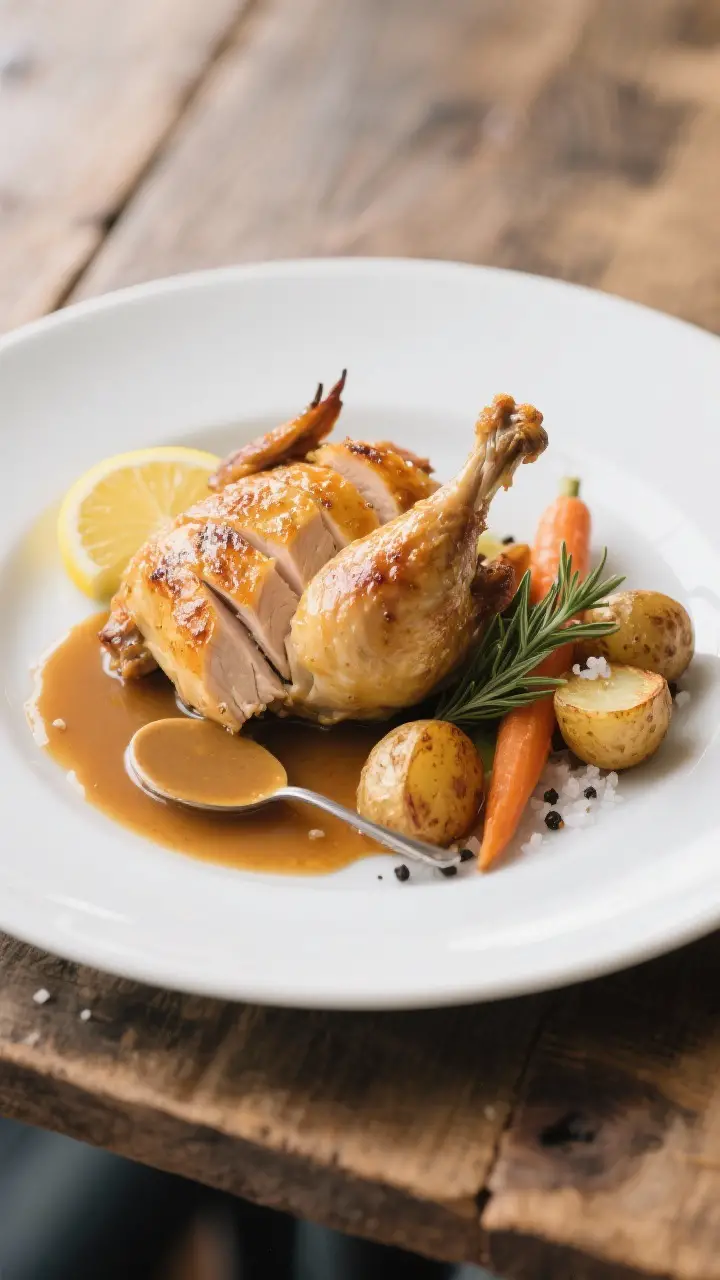 Final plated dish: Restaurant-quality plating of half a Cornish hen with crisp, broiled, golden skin