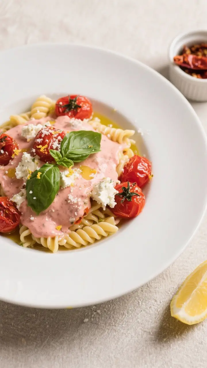 Final plated dish – Restaurant-quality presentation: Beautifully plated pasta with roasted cherry 