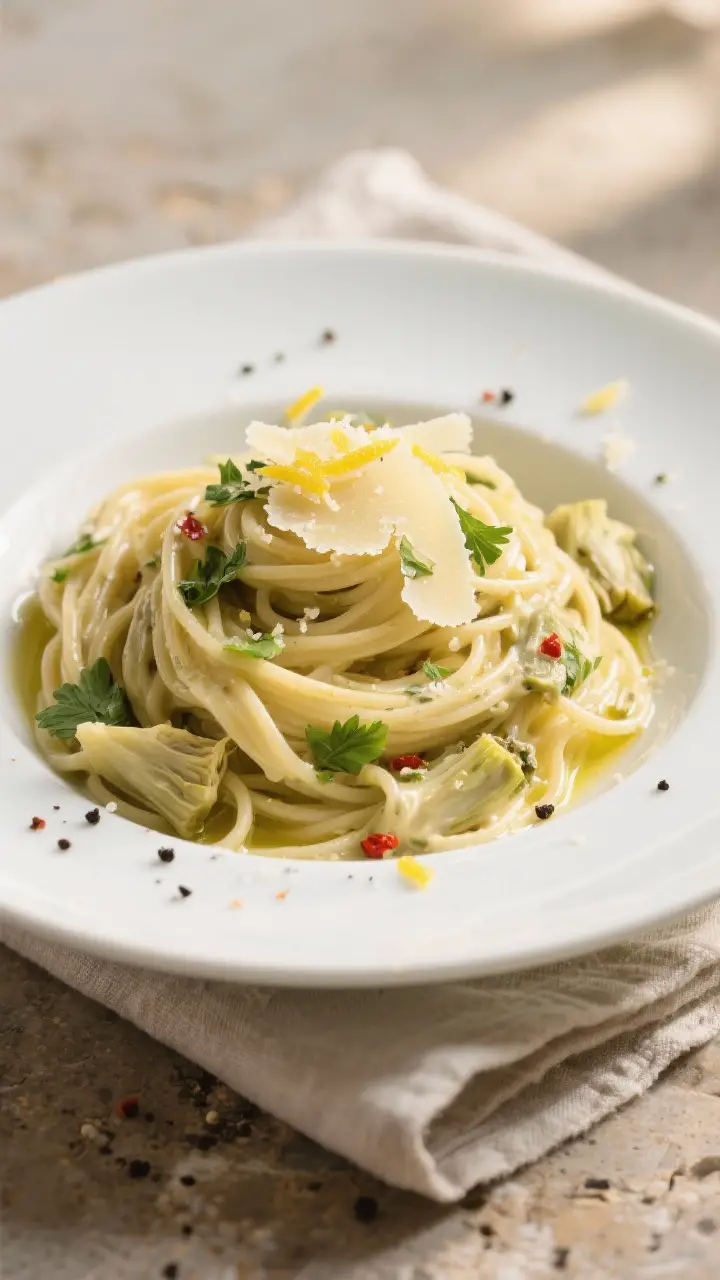 Final plated dish, restaurant-quality presentation: A generous twirl of creamy artichoke linguine ne