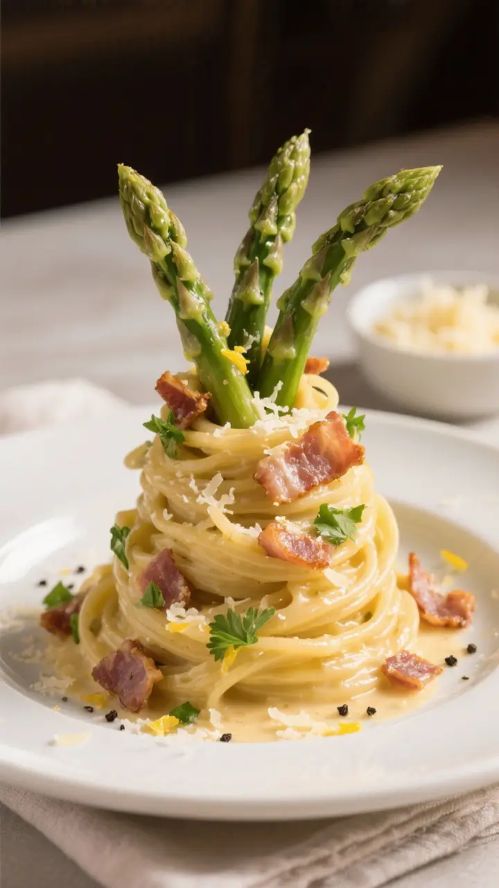 Final plated dish, restaurant-quality presentation: Asparagus and Bacon Carbonara twirled into a tal