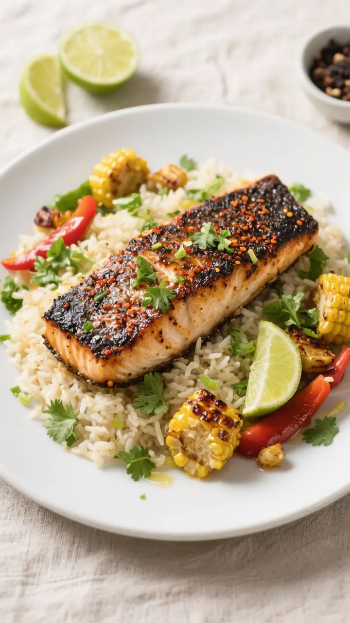Final plated dish, restaurant-quality presentation: Blackened tilapia fillet plated over a bed of ci