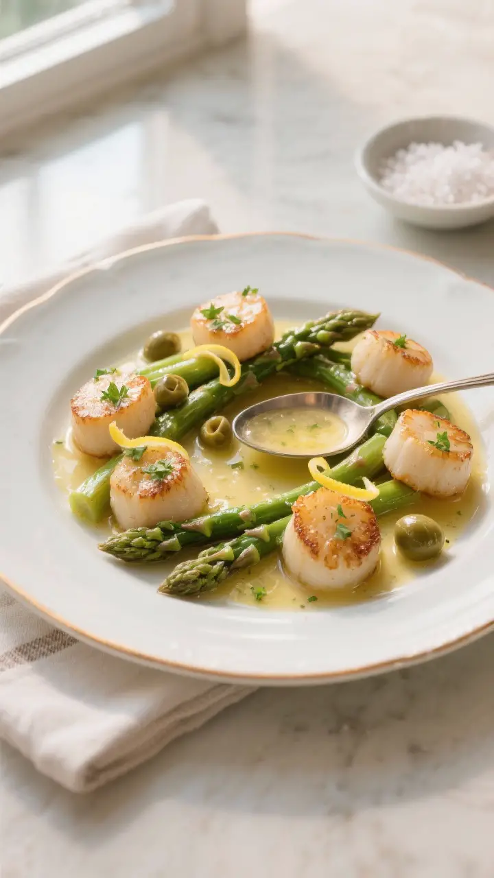 Final plated dish: Restaurant-quality presentation of Garlic Butter Scallops with Asparagus on a war