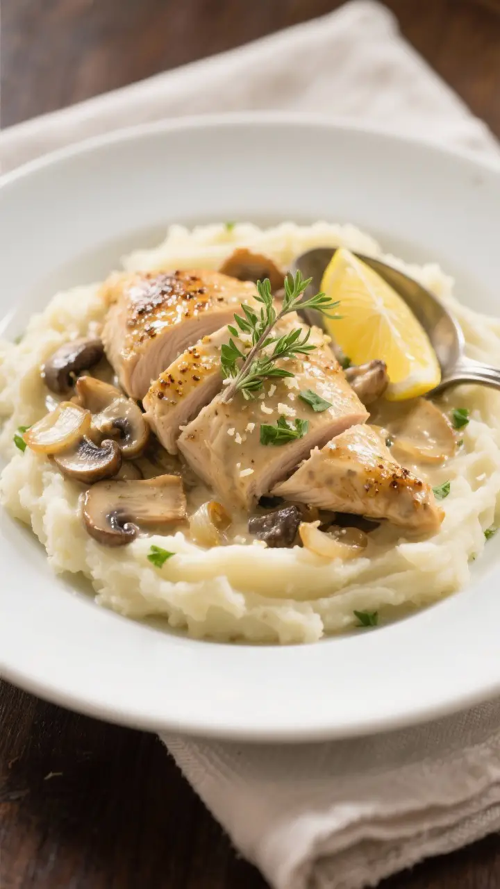 Final plated dish, restaurant-quality presentation: Creamy Chicken and Mushroom Skillet served over