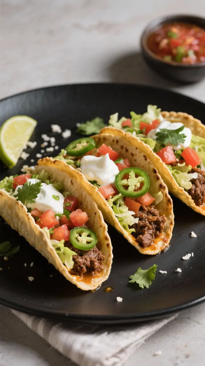 Final plated dish, restaurant-quality presentation: Three oven tacos on a matte black plate, stuffed