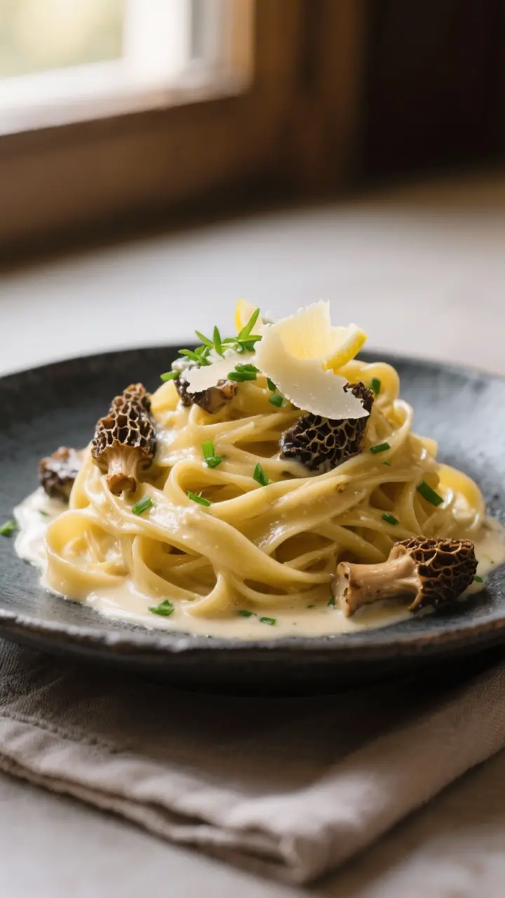 Final plated dish: Restaurant-quality presentation of fettuccine with morel mushrooms and cream, twi