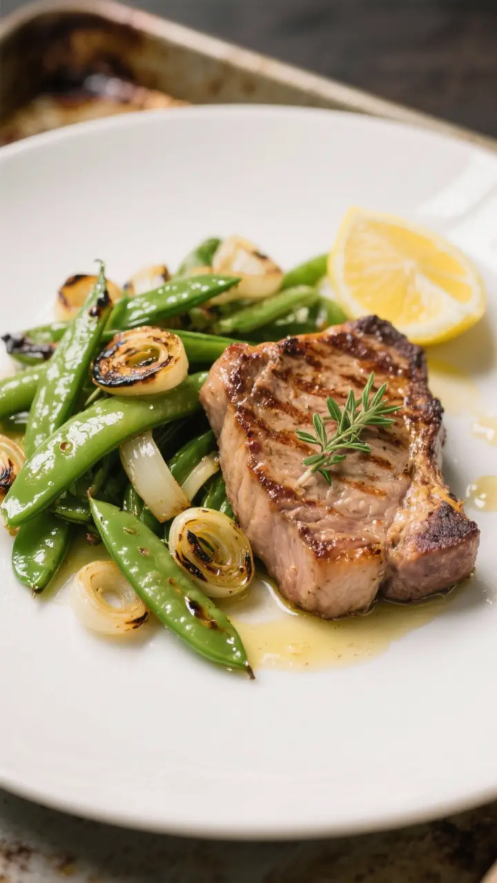 Final plated dish, restaurant-quality presentation: Beautifully plated Sheet Pan Pork Chops with Spr