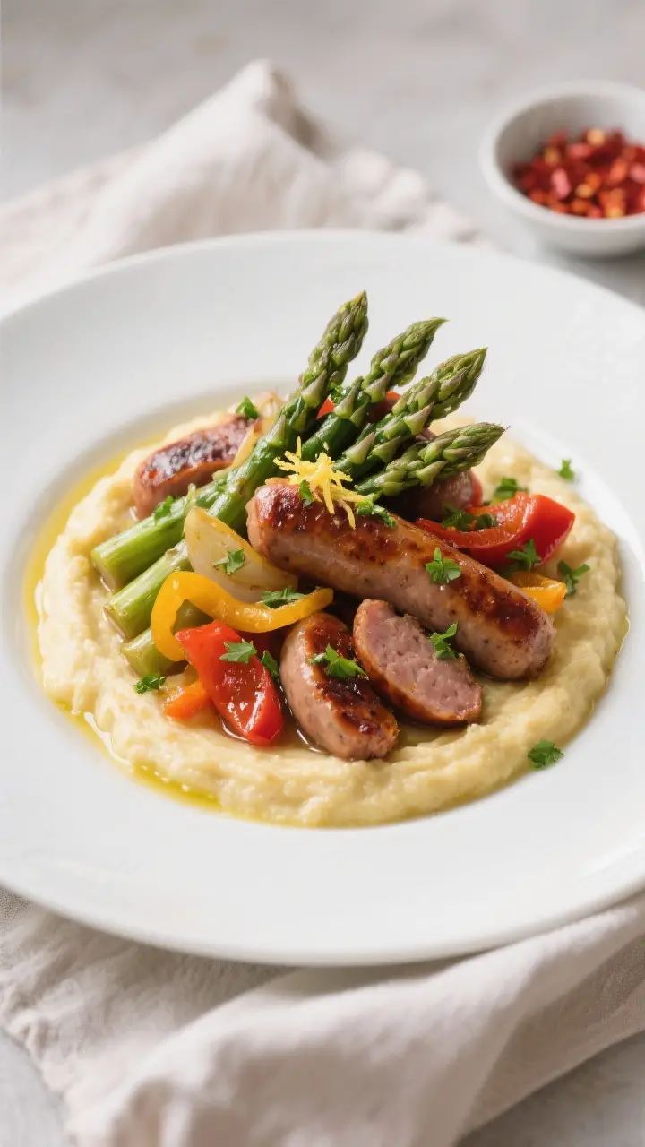 Final plated dish: Restaurant-quality presentation of the roasted sausage, peppers, and asparagus mo