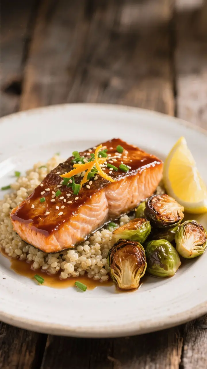 Final plated dish: Restaurant-quality presentation of one maple-glazed salmon fillet over fluffy qui